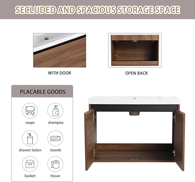 30" Floating Bathroom Vanity,30 Inch Bathroom Vanity with Sink,Single Sink Wall Mounted Vanity Combo,Dark Brown Wall Mounted Cabinet Set