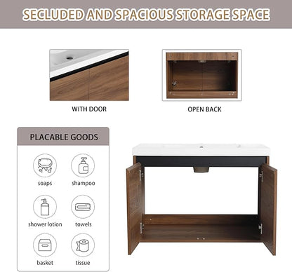 30" Floating Bathroom Vanity,30 Inch Bathroom Vanity with Sink,Single Sink Wall Mounted Vanity Combo,Dark Brown Wall Mounted Cabinet Set