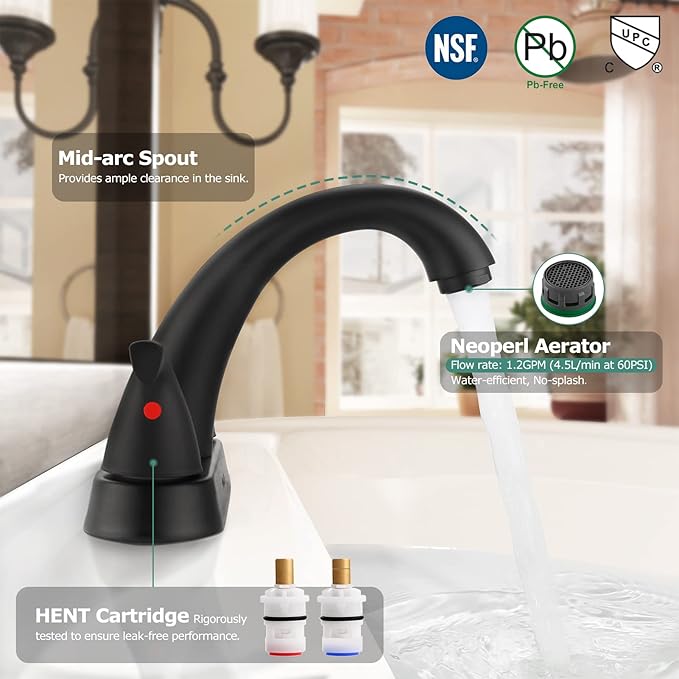 PARLOS 2-Handle Bathroom Sink Faucet with Drain Assembly and Supply Hoses Matte Black,1359804