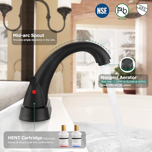 PARLOS 2-Handle Bathroom Sink Faucet with Drain Assembly and Supply Hoses Matte Black,1359804