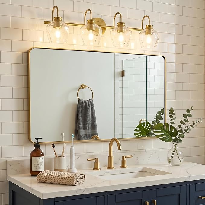 Brushed Gold Vanity Light, 4 Light Bathroom Light Fixtures with Clear Diamond-Shape Hammered Glass, Brass Vintage Ripple Wall Lights for Hallway, Bedroom, Anti-Rust, E26 Base (No Bulbs)