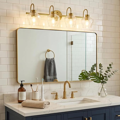 Brushed Gold Vanity Light, 4 Light Bathroom Light Fixtures with Clear Diamond-Shape Hammered Glass, Brass Vintage Ripple Wall Lights for Hallway, Bedroom, Anti-Rust, E26 Base (No Bulbs)