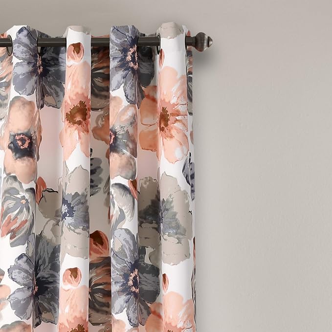 Lush Decor Leah Light Filtering Window Curtain Panels, Pair, 52" W x 84" L, Coral & Gray - Floral Drapes for Bedroom - Coral Curtains - Farmhouse Decor