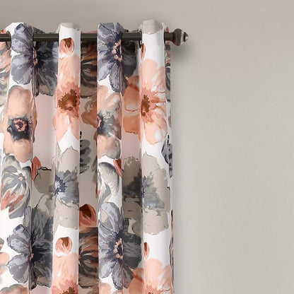 Lush Decor Leah Light Filtering Window Curtain Panels, Pair, 52" W x 84" L, Coral & Gray - Floral Drapes for Bedroom - Coral Curtains - Farmhouse Decor