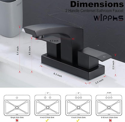 Centerset Bathroom Faucet, Stainless Steel Black Sink Faucet Bathroom with Pop Up Drain and cUPC Supply Hose, 2 Handle 4 inch Center-Set Bathroom Sink Faucet Matte Black 2 Hole