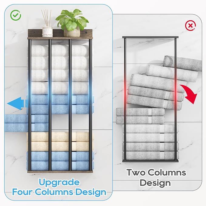 Wall Mounted 4-Bar Towel Rack with Wooden Shelf, Bathroom Storage Holder | Large Bathroom Towel Storage Rack for Rolled Towels, Classic Metal Towel Organizer Shelf with Wooden Storage Shelf