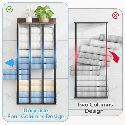 Wall Mounted 4-Bar Towel Rack with Wooden Shelf, Bathroom Storage Holder | Large Bathroom Towel Storage Rack for Rolled Towels, Classic Metal Towel Organizer Shelf with Wooden Storage Shelf