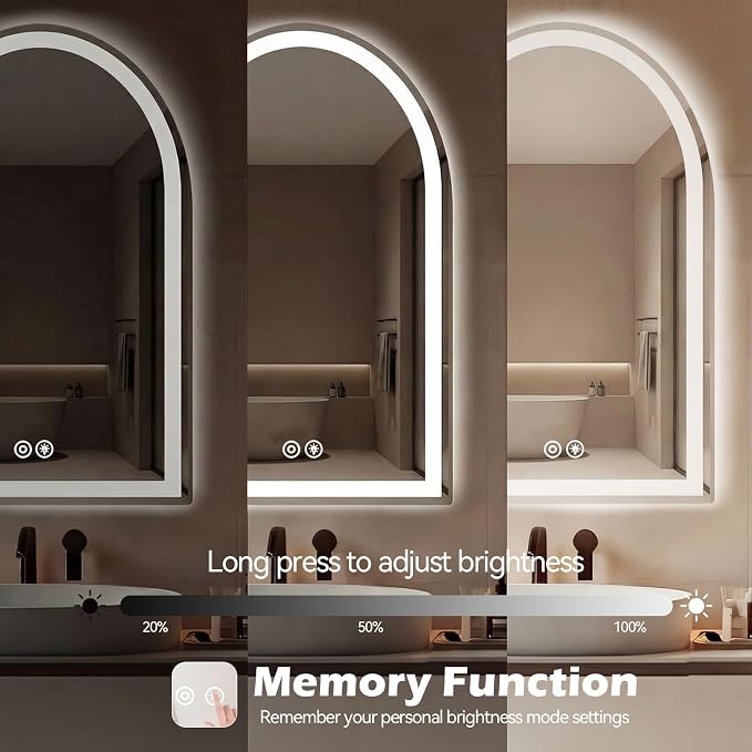 DUMOS 28"x36" LED Bathroom Mirror with Lights, Arched Vanity Mirror | Anti-Fog, Dimmable, 3-Color Light, Memory Function, Front Light and Backlit, Tempered Glass