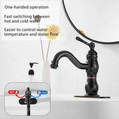 Oil Rubbed Bronze Bathroom Faucet Single Handle One Hole Bathroom Vanity Faucet Basin Mixer Tap Matching Pop Up Drain with Overflow