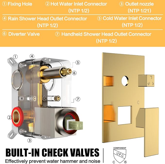 Brushed Gold Rain Shower System Faucet Set with Handheld, 12 inch | Solid Metal Wall Mount Rainfall Shower Set with Safe Anti-Scald Valve, Air Injection High Pressure Water Saving Combo