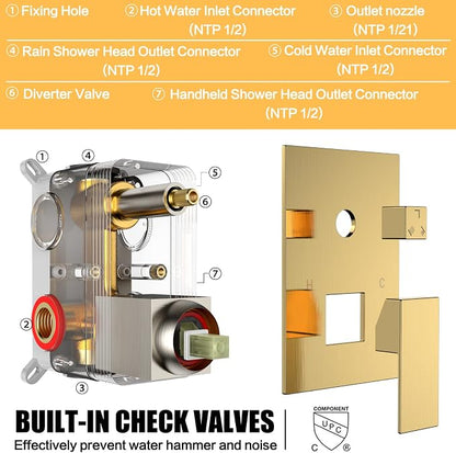 Brushed Gold Rain Shower System Faucet Set with Handheld, 12 inch | Solid Metal Wall Mount Rainfall Shower Set with Safe Anti-Scald Valve, Air Injection High Pressure Water Saving Combo