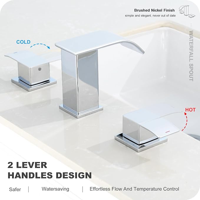 8 Inch Waterfall Bathroom Faucets for Sink 3 Hole - Chrome Bathroom Faucet with Pop-up Drain, Widespread Bathroom Sink Faucet 2-Handles, Patent No. : US D967,340 S