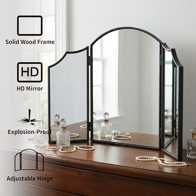 Besdomus Black Scalloped Vanity Mirror: 36"x24" Three Sided Dresser Miror | Classical Minimalist Wooden Arched 3 Way Trifold Mirror for Bedroom/Cloakroom/Dressing Room/Wall - Home Decor for Housewife