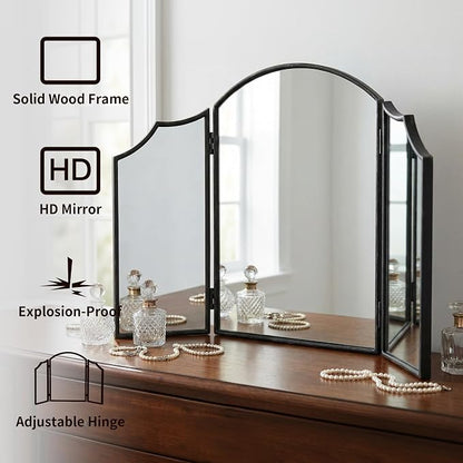 Besdomus Black Scalloped Vanity Mirror: 36"x24" Three Sided Dresser Miror | Classical Minimalist Wooden Arched 3 Way Trifold Mirror for Bedroom/Cloakroom/Dressing Room/Wall - Home Decor for Housewife