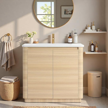 36" Bathroom Vanity with Ceramic Sink, Freestanding Bathroom Vanity with 2-Soft-Close Door, Soft-Closing Hinges & Hidden Handles for Home, Farmhouse, Easy to Clean Design, White Oak