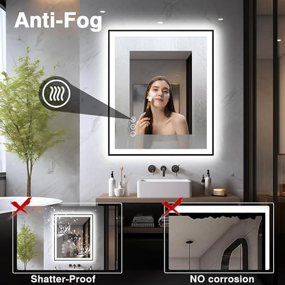 EchosLife 32x36 LED Bathroom Mirror - Black Border | Black Frame, Front and Backlit, Anti-Fog, Stepless Dimmable, 3 Colors, Memory, Tempered Glass, UL Listed, Horizontal/Vertical