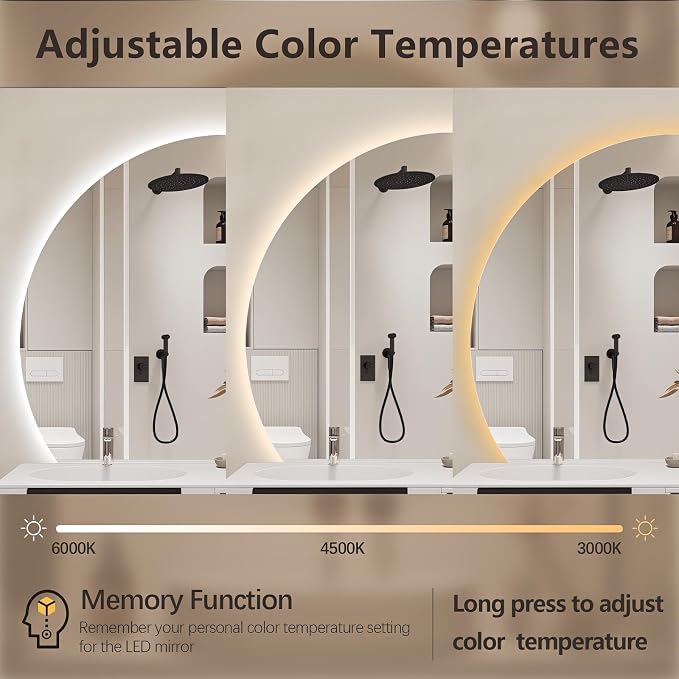 36" Half Moon LED Bathroom Mirror, Backlit Wall Mirror with Lights | Frameless Vanity Mirror with 3 Color Dimmable, Anti Fog, HD Shatter-Proof, IP65 Waterproof, Memory, CRI95+, Right/Left Cut