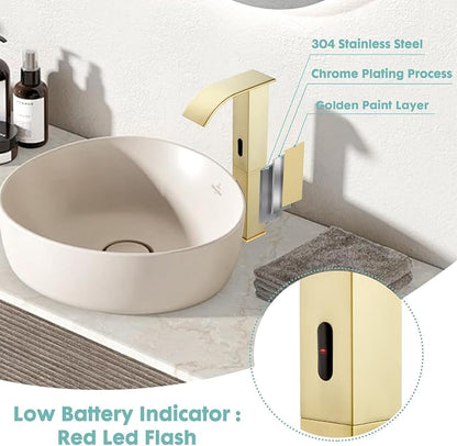 Touchless Bathroom Faucet, Automatic Sensor Bathroom Sink Tall Body Gold Faucet with Control Box, Modern Waterfall Stainless Steel Vanity Tap Single Hole and Temperature Mixer