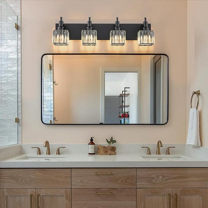Black Crystal Bathroom Vanity Light 4-Light Modern Bathroom Lighting Fixtures Over Mirror Black Wall Sconce with Square Shade