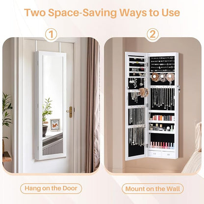 Jewelry Organizer Cabinet, Wall or Door Mounted 47.2-Inch Lockable Jewelry Armoire with Full-Length Mirror, 6 LEDs Large Capacity Jewelry Storage, White