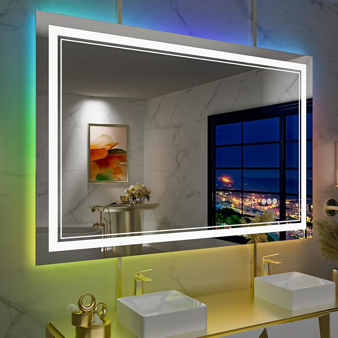 40x36 Inch RGB LED Bathroom Mirror with Lights | Front and RGB Backlit, Dimmable, Memory, Anti Fog, Shatterproof, Horizontal/Vertical, Lighted Mirrors for Bathroom Wall