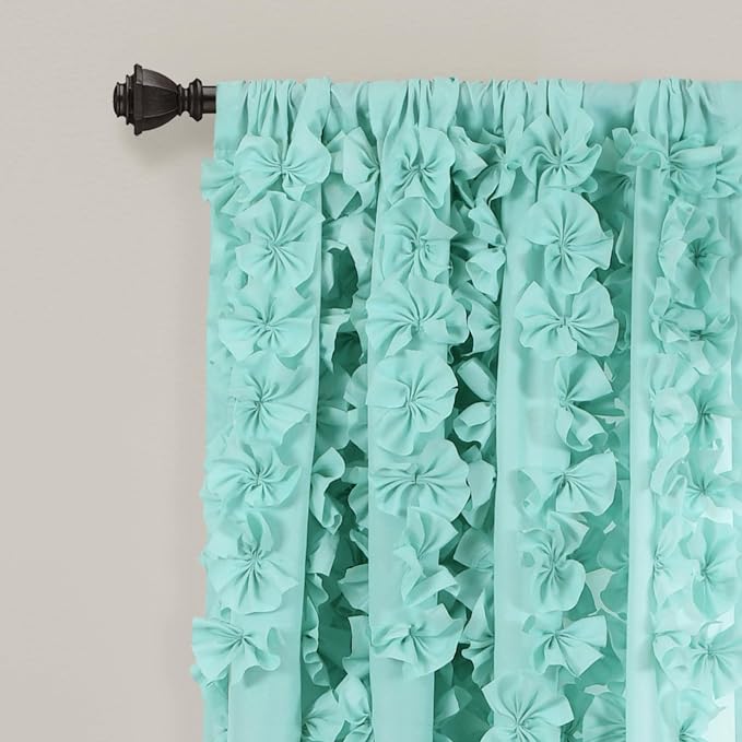 Lush Decor Riley Light Filtering Window Curtain Panel, Single 54" W x 84" L, Aqua - Cute Blue Curtains for Bedroom - Bow Decor - Coquette Curtains for Windows