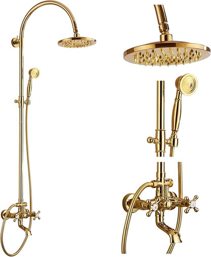 gotonovo Exposed Bathroom Shower Faucet Wall Mounted Shower System 8 Inch Shower Head and Tub Spout Double Cross Handles Adjustable Handheld Sprayer Curved Pipe Polished Gold