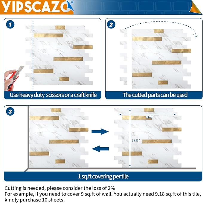 Yipscazo 2026 New Upgrade Peel and Stick Backsplash, Stick on Backsplash Tiles for Kitchen, Bathroom, Fireplace (10 Sheets, White Stone with Gold)
