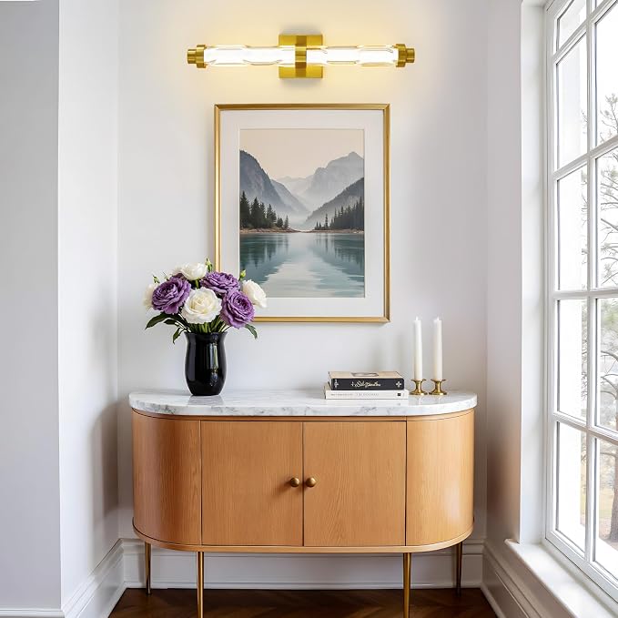23.6" Gold Wall Sconce, Modern Vanity Light with Ripple Glass Shade, 5CCT Dimmable LED Bathroom Wall Lighting 20W for Mirror, Bedroom, Living Room, Hallway