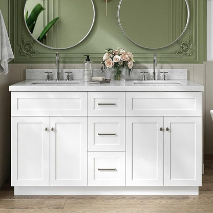 ARIEL Hamlet 60-inch Bathroom Vanity with Sink,Solid Wood, 1.5-inch Italian Carrara Marble Countertop, Double Rectangular Porcelain Sink, 4 Soft Closing Doors, 3 Dovetail Drawers, White