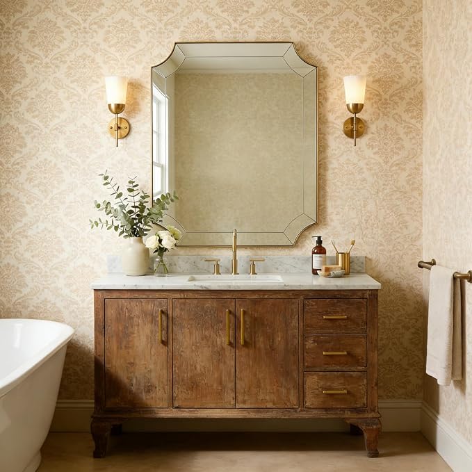 30"x36" Gold Mirror, Brushed Brass Scalloped Wall Mirror, Bathroom Wall Mirror with Stainless Steel Metal Frame, Unique Vanity Mirror with Modern Curved Edge Design, Thin Frame Deep 1"