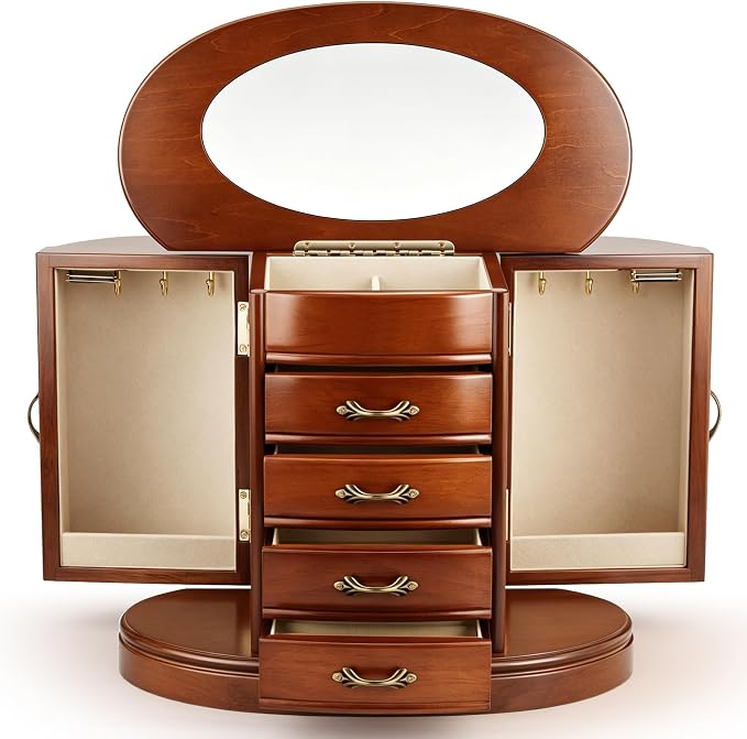 RR ROUND RICH Solid Wood Jewelry Box for Women Brown | Large Capacity Organizer with Rotating Necklace Holder, Mirror & 4 Drawers, Vintage Brown Gift Box