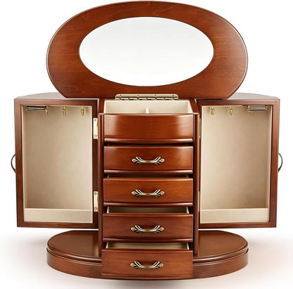 RR ROUND RICH Solid Wood Jewelry Box for Women Brown | Large Capacity Organizer with Rotating Necklace Holder, Mirror & 4 Drawers, Vintage Brown Gift Box