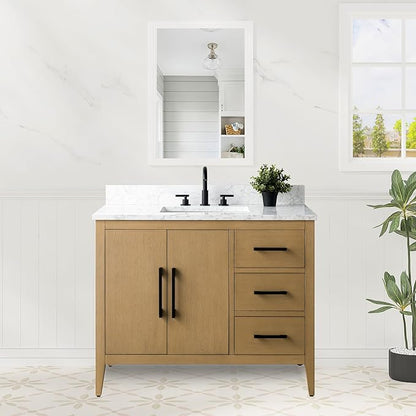 HomeBeyond 42 Inch Bathroom Vanity with Sink & Ceramic Top, Single Vanity Cabinet with Basin, Soft-Closing Doors & Matte Black Hardware, Natural Oak