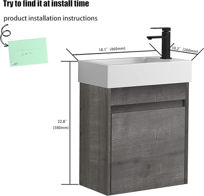 18" Bathroom Vanity with Sink, 18 Inch Floating Bathroom Vanity for Small Space, Single Sink Bathroom Vanity Combo, Modern Bathroom Vanity, Grey Wall Mounted Cabinet Set（005）