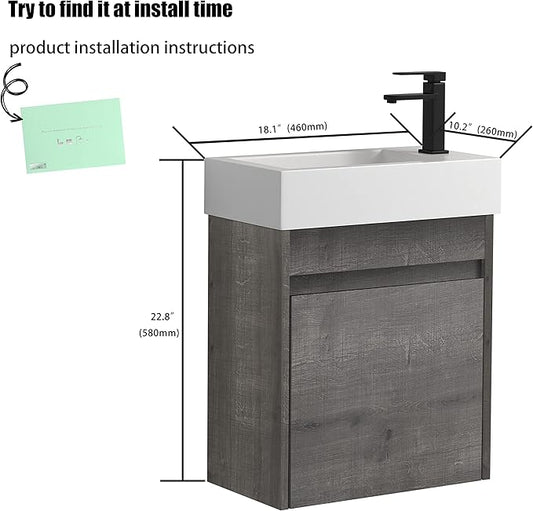 18" Bathroom Vanity with Sink, 18 Inch Floating Bathroom Vanity for Small Space, Single Sink Bathroom Vanity Combo, Modern Bathroom Vanity, Grey Wall Mounted Cabinet Set（005）