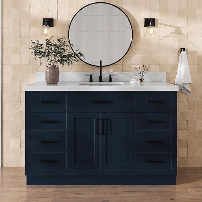 DKB Isabella 54" Midnight Blue Bathroom Vanity with Sink, 1.5" Edge Italian Carrara Marble Countertop, Rectangular Sink, 2 Soft-Closing Doors, 9 Dovetail Drawers