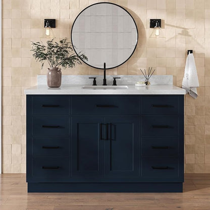 DKB Isabella 54" Midnight Blue Bathroom Vanity with Sink, 1.5" Edge Italian Carrara Marble Countertop, Rectangular Sink, 2 Soft-Closing Doors, 9 Dovetail Drawers