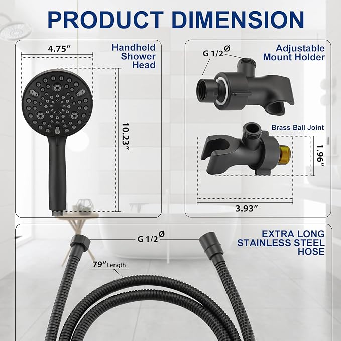 High Pressure 10 Setting Handheld Shower Head, 5" Detachable Showerhead Spray Built-in Power Wash to Clean Tub, Tile & Pets, 79" Extra Long Stainless Steel Hose, Adjustable Bracket - Matte Black