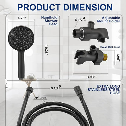 High Pressure 10 Setting Handheld Shower Head, 5" Detachable Showerhead Spray Built-in Power Wash to Clean Tub, Tile & Pets, 79" Extra Long Stainless Steel Hose, Adjustable Bracket - Matte Black