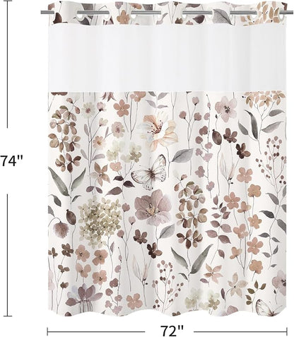 Litabel No Hook Brown Watercolor Floral Shower Curtain and Liner Set, 72x74 | Spring Flower Shower Curtains with Snap-in Liner for Farmhouse Bathroom Decor, Botanical Bathroom Curtain with Leaves