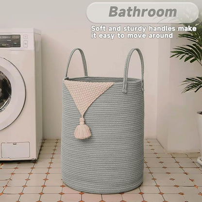 JMvicyroam 100L Cotton Rope Laundry Basket Hamper, Grey | Collapsible laundry basket, reinforced handles, freestanding, machine washable, holds 3-5 thick blankets, clothes or toys