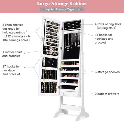 Giantex Lockable Standing Jewelry Armoire with Full Length Mirror, Large Storage Capacity Jewelry Cabinet Organizer with 2 Drawers, 4 Angle Adjustable, Extra Wide Mirror for Women Girls (White)