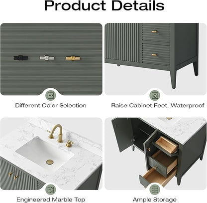 Vanity Art 36 inch Bathroom Vanity with Single Sink & Ceramic Top, Vanity Cabinet with Soft-Closing Door, Solid Wood Frame, Linear Pattern, Vintage Green, VA9136-VG-MB,Matte Black Handles