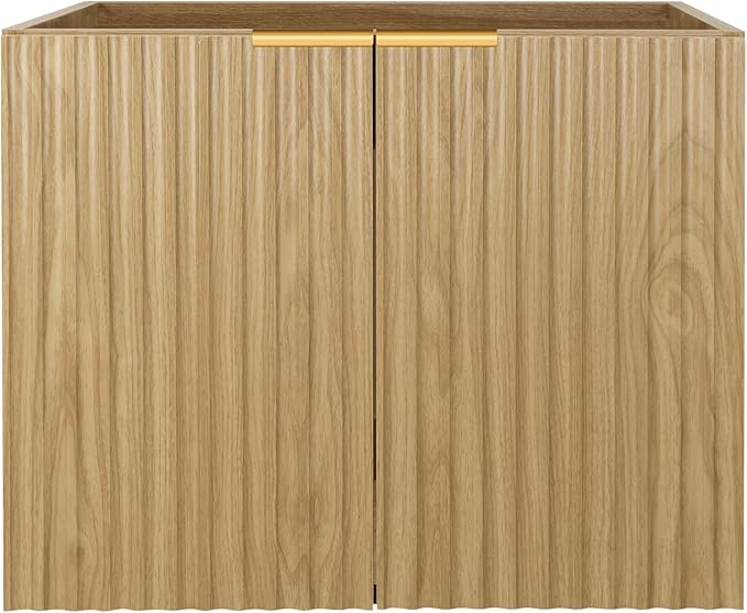 Modern Bathroom Vanity with Wavy Textured Doors - Wall Mounted Floating Cabinet, Soft-Close Waterproof Storage for Small Bathroom, Easy Install (Nature Without Sink, 24)