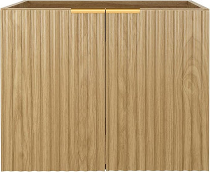 Modern Bathroom Vanity with Wavy Textured Doors - Wall Mounted Floating Cabinet, Soft-Close Waterproof Storage for Small Bathroom, Easy Install (Nature Without Sink, 24)
