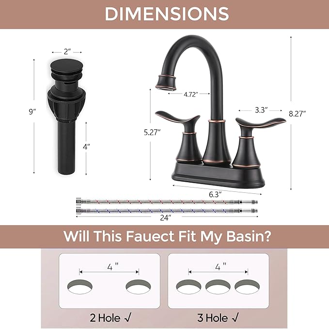 KINGO Bathroom Faucets for Sink 3 Hole, 2 Handle 4 inch Oil Rubbed Bronze Bathroom Sink Faucet with Pop-up Drain and Supply Hoses, Stainless Steel Lead-Free Centerset Faucets for Vanity RV, 2 Pack
