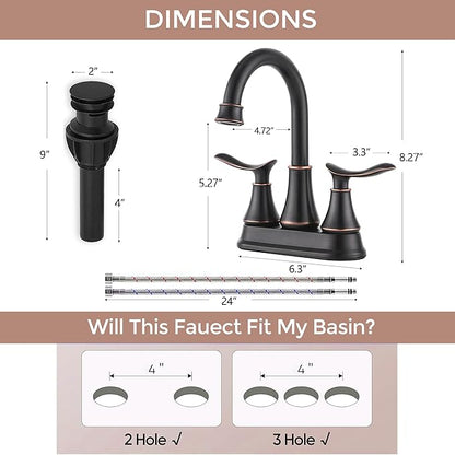 KINGO HOME Modern 2 Handle Oil Rubbed Bronze Bathroom Faucet, Bronze Bathroom Faucets RV Rubbed Bronze Bath Vanity Faucet for Sink 3 Hole with Water Supply Lines and Pop Up Drain