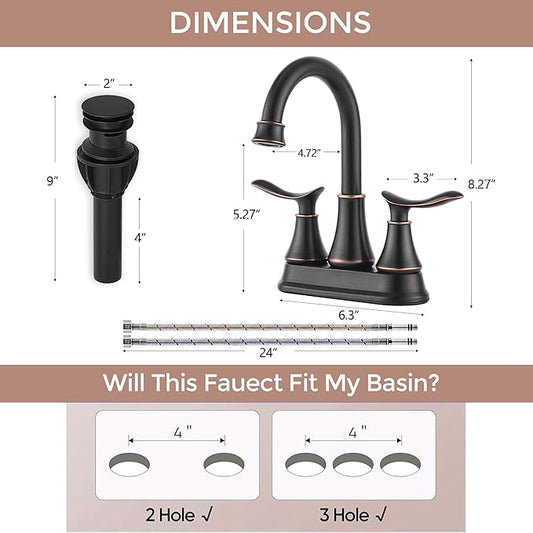 KINGO HOME Modern 2 Handle Oil Rubbed Bronze Bathroom Faucet, Bronze Bathroom Faucets RV Rubbed Bronze Bath Vanity Faucet for Sink 3 Hole with Water Supply Lines and Pop Up Drain