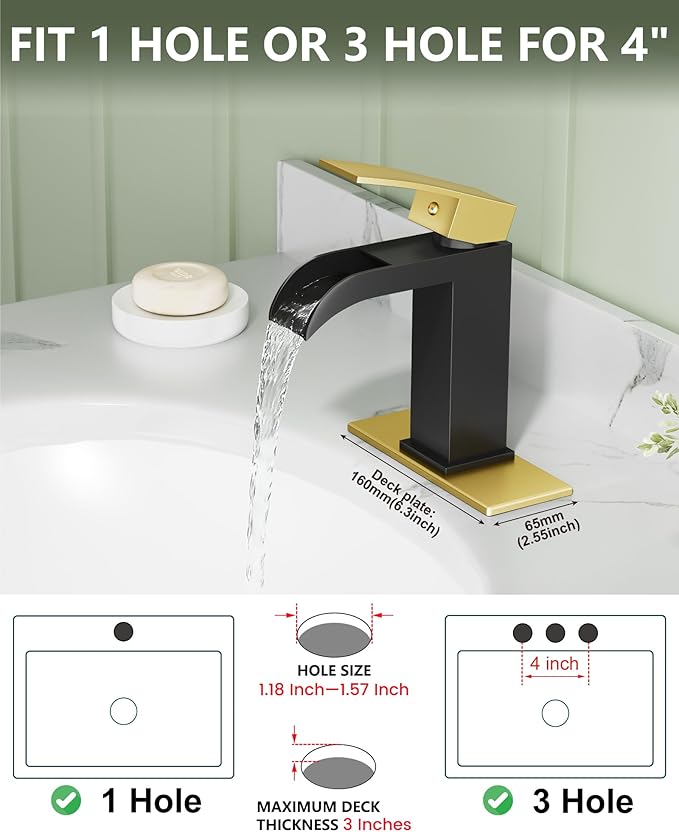 Midanya Waterfall Bathroom Faucet, Single Handle Bathroom Sink Faucet for Sink 1 or 4 Inch 3 Hole, Stainless Steel Vanity Faucets with Deck Plate and Pop up Drain,Brushed Gold and Matte Black